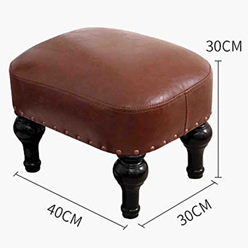 Tabouret en cuir marron vintage et bois massif pour salon - 4