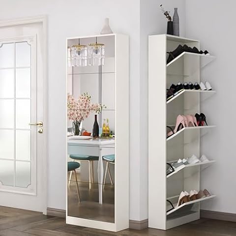 GLSCASA Shoe Cabinet with Mirror Drawers, Freestanding Shoe Rack Organizer with 5 Flip Drawers, Modern Full Length Mirror Shoe Storage Cabinet for Entryway, Living Room Cover