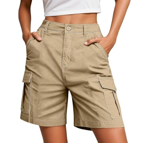 lozssnigzi Kurze Cargohose Damen, Schnelltrocken Wandershorts Zip Off Cargo Shorts Outdoor Bequeme Atmungsaktiv Arbeitsshorts Sommer Knielang Arbeitshose Mit Mehrfach-Taschen Kurze Hose, Beige, M