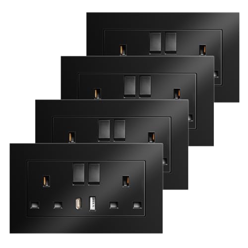 4 Pack Double Switched Power Socket with USBA and Type C Fast Charging Ports, 2 Gang 13 Amp Electric Power Sockets,UK Standard Wall Socket (Black)