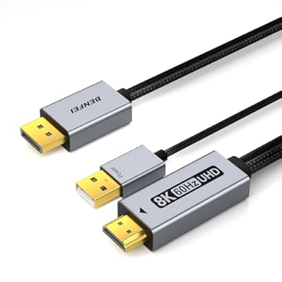 BENFEI DisplayPort 1.4 to HDMI 2.1 6 feet Cable 8K@60Hz 4K@240Hz/165Hz/144Hz/120Hz, Unidirectional DP (Source) to HDMI (Display) with USB 5V/1A Power Supply Support HDR/DSC/HDCP 2.3 for AMD NVIDIA PC