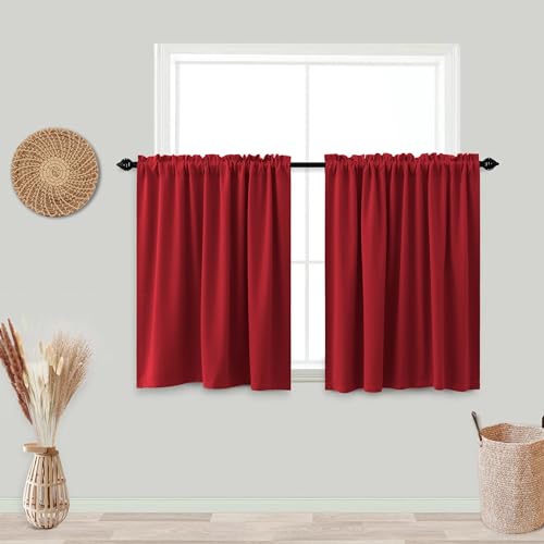 Image of KOUFALL Christmas Red Kitchen Window Curtains Over Sink, 36 Inch Length Small Blackout Cafe Curtains, Cortinas para Cocina De Navidad Navidenas