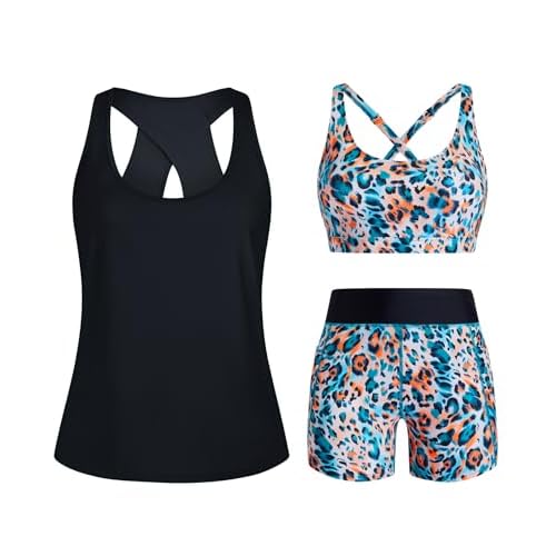HUSKARY 3 Piece Tankini Swimsuits for Women Swim Tank Top with Bra and High Waist Boy Shorts with Pockets Colorful Leopard Print 16 Plus