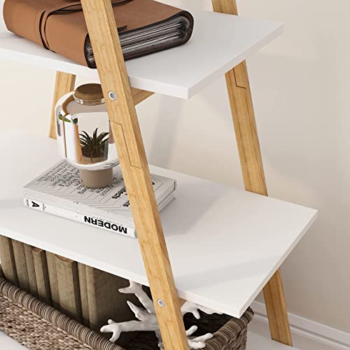 OQSC 4-Tier Ladder Bookcase with Solid Bamboo Frame A Shape Multifunctional Display Shelf Ladder Shelf freestanding for Home Office，White/Wood (A-Frame Shelf) - Thumbnail 7
