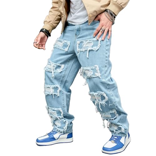 Baggy Stacked Jeans Men Teen Boys Y2k Mid Rise Distressed Ripped Jeans Straight Leg Hip Hop Denim Pants Streetwear
