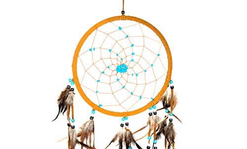 Dream Catcher Dreamcatcher - Brown Suede with Turquoise Details - Handmade, Large Size - 28" Long x 9" Diameter - OMA® Brand - Image 5