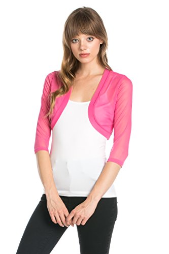 Image of Fashion Secrets Junior`s Sheer Chiffon Bolero Shrug Jacket Cardigan 3 /4 Sleeve (Large, Pink)