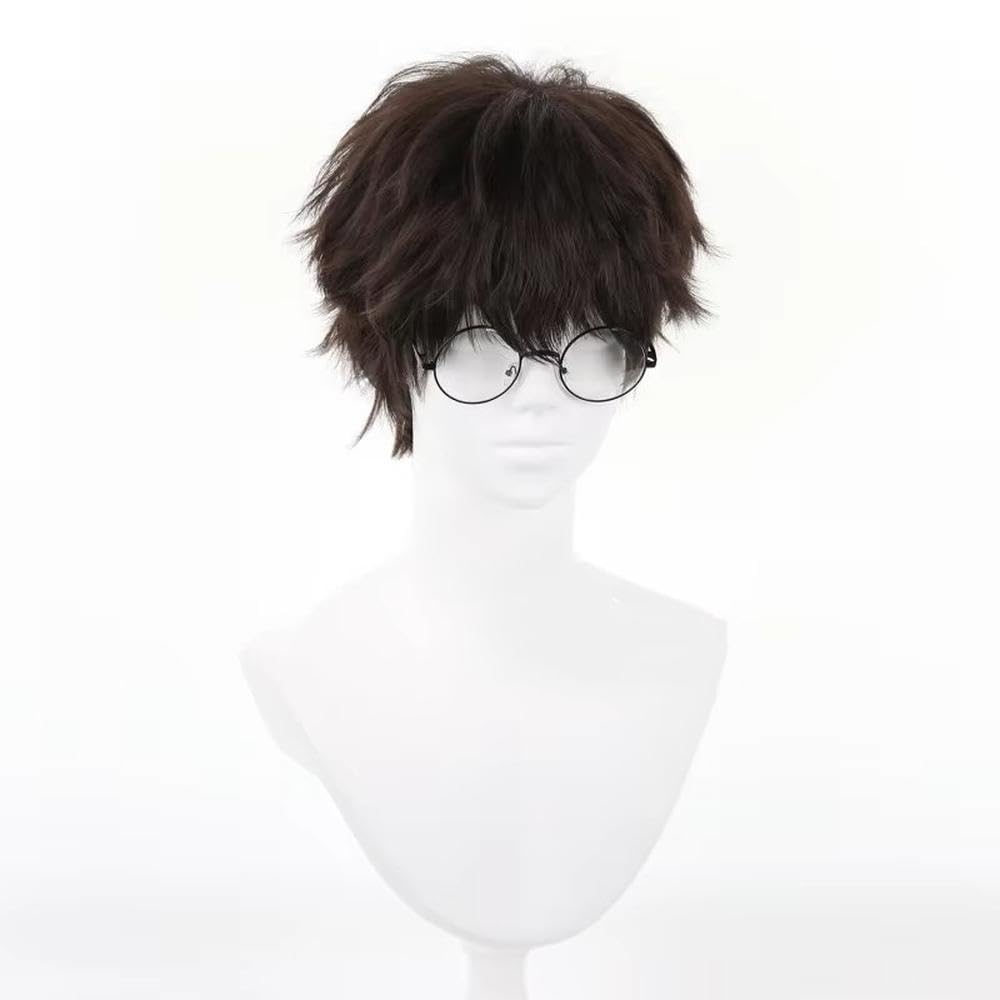 Haarpflege Herren-Cosplay-Perücke Kurz Dunkelbraun Hitzebeständig Volles Haar Mit Brille(Wig and glasses)