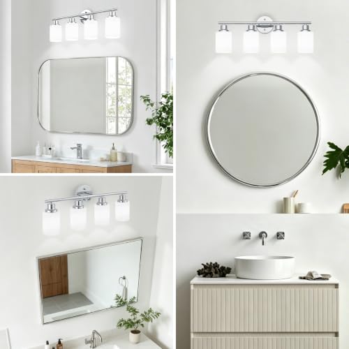 Image of 4-Light Chrome Vanity Lights for Mirror, Bathroom Light Fixtures with Textured Milky White Glass Shade, Modern Kitchen Light Fixtures Wall Sconce Light