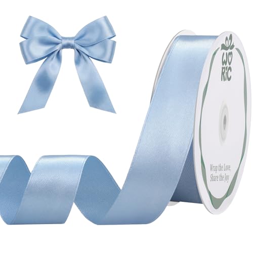 Image of woric Dusty Blue Satin Ribbon 1 Inch 50 Yards Light Baby Blue Ribbon | Gift Wrapping Bows Holiday Decor Sewing Corset Lacing Hair Bows Gift Basket DIY Crafts