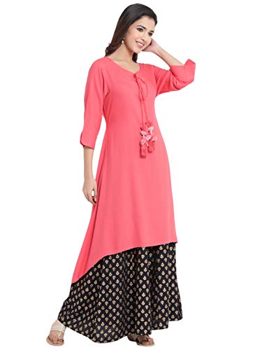 Image of Juniper Women's Coral Rayon Solid Asymmteric Kurta (Coral, XS)