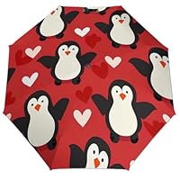 Penguin Heart Folding Auto Open Close Umbrella Cute Windproof Compact Travel Umbrella For Rain And Shine Portable for Women Men