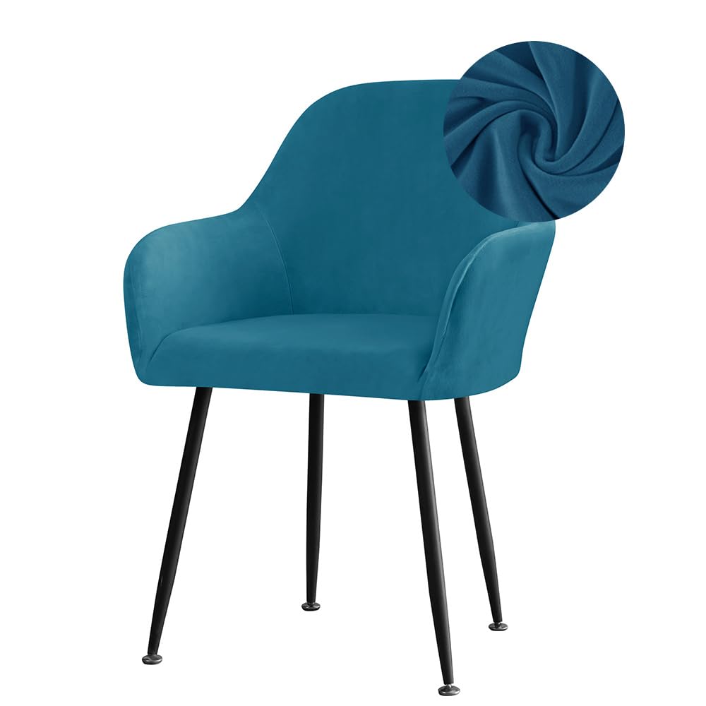 Highdi Stretch Dining Chair Covers Velvet Curved Back Chair Slipcovers with Armrest, Vanity Swivel Armchair Cover Removable Washable for Dining Room Wedding Party Hotel (Peacock Blue,2 PCS)