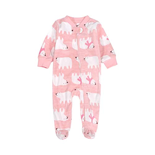 Baby Boys Girls Fleece Footed Pajamas Long Sleeve Pringting 2 Way Zipper Romper Jumpsuit Sleep and Play 0-12 Months (Pink/Bear, 3-6 Months)