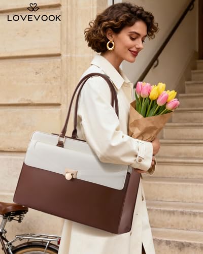 Image of LOVEVOOK Laptop Tote Bag for Women, PU Leather Work Bag, Teacher Tote | with Large Cup Holder, Waterproof Vintage Briefcase for Business Travel & Commute, Magnetic Snap, Padded Laptop Pocket