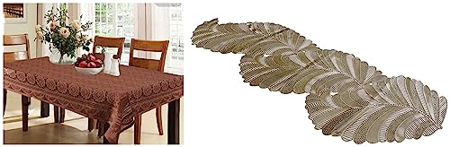 Image of Kuber Industries Circle Design Cotton 6 Seater Dining Table Cover (Brown, CTKTC32649) & Kuber Industries Table Runner|Leaf Design & Soft Leather Material|Size 92 x 32 CM (Gold)