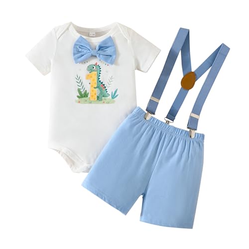 Image of EVERGIFTKIDS Baby Boy First Birthday Clothes Funny Toddler Baby Boy Dinosaur Cake Smash Bowtie Romper Bodysuit Outfits