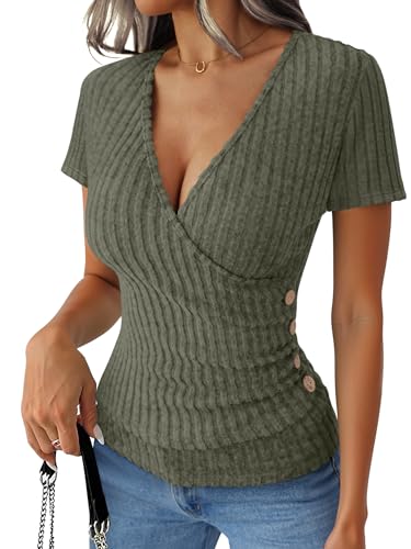 ANRABESS Women Short Sleeve V Neck Shirts,Deep Green,L