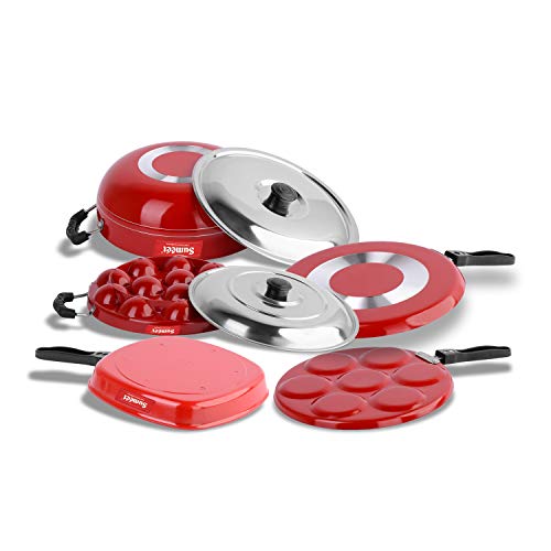Image of Sumeet Aluminium 2.6mm Thick Non-Stick Rubrum Cookware Set (Dosa Tawa 26.5cm Dia + Multi Snack Maker 26.5cm Dia + Kadhai with Lid 1.5Ltr + Grill Appam Patra with Lid 23cm Dia + Grill Pan 1.1Ltr, Red)
