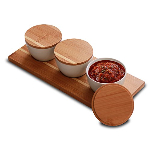 Everything Bamboo Salt & Salsa Caddy Condiment Organizer & Server with 3 Ceramic Containers for Serving and Storage
