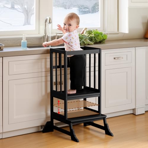 COSYLAND Height-Adjustable Toddler Standing Tower Stable Kitchen Standing Stool with Reinforced Base Lightweight Portable Standing Helper for Kitchen and Home Use (Black)