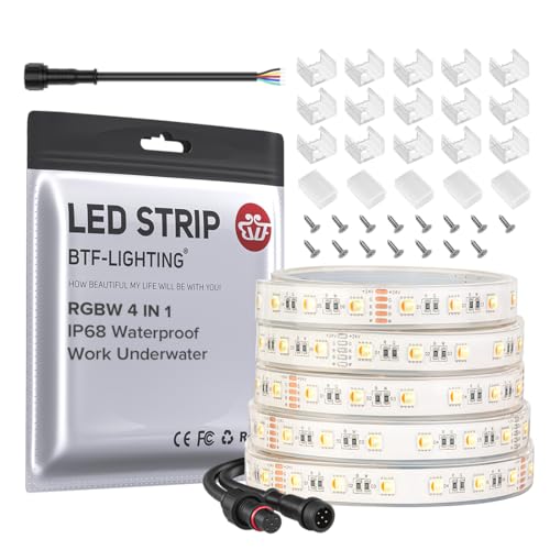 Image of BTF-LIGHTING RGBW LED Strip IP68 Waterproof Warm White DC24V 16.4FT 300LED | White LED Tape PCB 14mm 5050 4 Colors in 1 RGB + 6000K-7000K Tape Lights Can Work Outdoor(No Adapter or Controller)