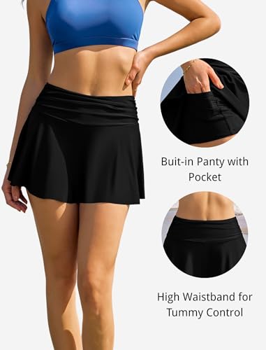 ZAFUL Women's High Waisted Swim Skirt with Pocket Ruched Tummy Control Swimsuit Bathing Suit Tankini Bottoms(1-Black, Large)4