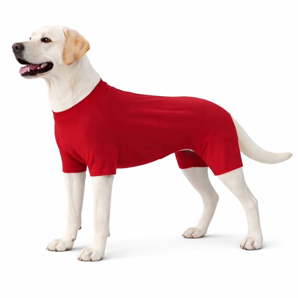 Lovelonglong Dog Full Bodysuit – Stretchy Yoga Fabric 4-Leg Dog Pajamas, Breathable & Lightweight Dog Onesie for Indoor & Outdoor, Shedding Control & Travel Wear Red 4XL