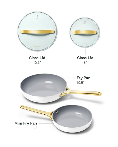 Image of Caraway Ceramic Nonstick Fry Pan Set with Glass Lids - Includes Two 10.5 inch Fry Pans, One 8 inch Fry Pan, & Three Lids - Non Toxic, PTFE & PFOA Free - Oven Safe & Compatible with All Stovetops - White