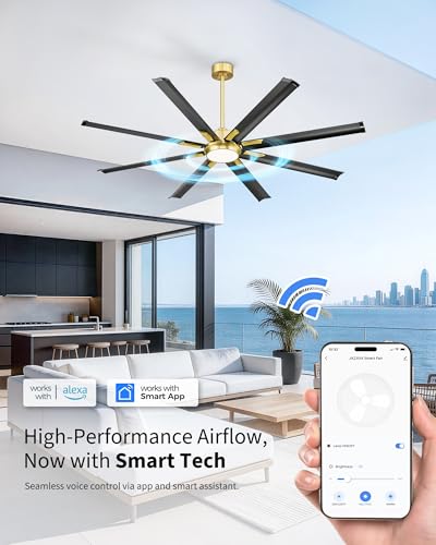 Image of Industrial Ceiling Fan With Light,72 Inch Black & Gold Ceiling Fan With 8 Aluminium Metal Blades,Works with Voice Control,Ideal for Covered Outdoor Spaces,CF04BGB-72