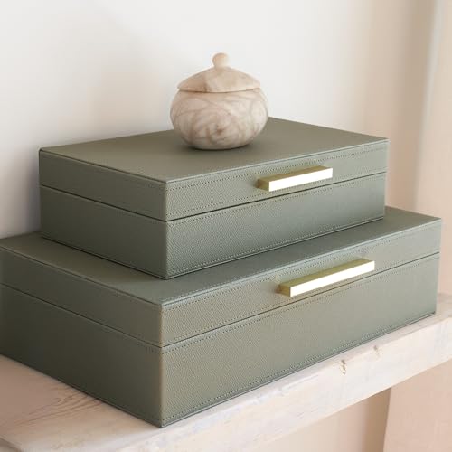 ZICOTO Decorative Storage Boxes with Lids Set of 2 Beautiful PU Leather Organizer Bins for Your Bookshelf Home Decor - Safely Store Photos Documents and Memory Box Keepsakes in Style