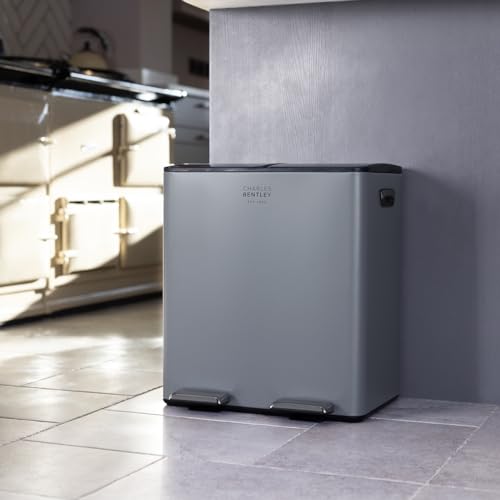 CHARLES BENTLEY Kitchen Bin, 40 Litre, Double Compartment, Grey, Kitchen Bin, Rubbish Bin, Waste Bin, Pedal Bin, Double Bin, Recycling Bins for Kitchen, Pedal Function, Removable(51.5x44.5x35cm)