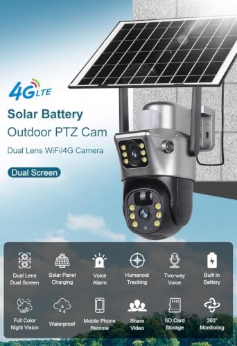 Image of securinnov Dual Lens Solar Powered PTZ Outdoor CCTV Camera | 360 View | Color Night Vision | Motion Detection | Two Way Audio | 4G SIM-Based Camera with Mobile App V380 Pro (Dual Lens Solar)