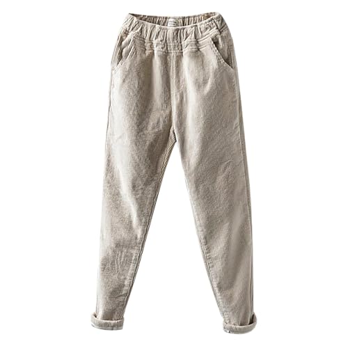 Pantalones de pana para mujer, cintura elástica, pierna recta, con bolsillos, talla grande, pantalones de yoga, beige, M