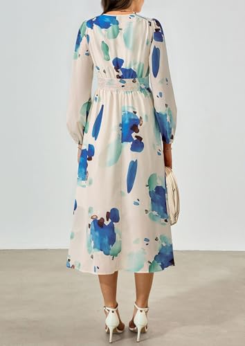 PRETTYGARDEN Women's Floral Midi Dress Casual Fall V Neck Long Sleeve Flowy Spring Beach Wedding Guest Vacation Dresses