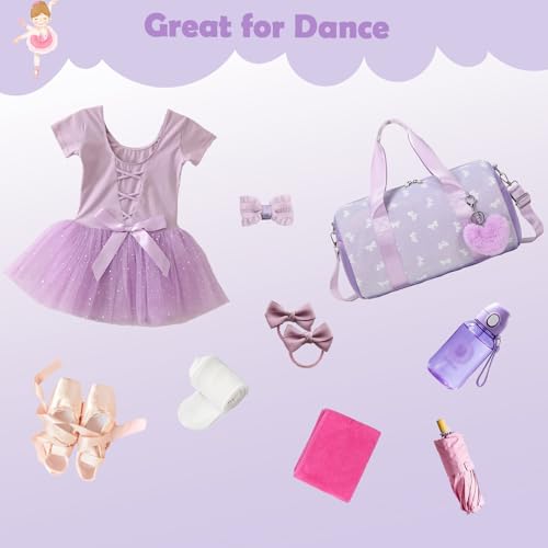 Dance Bag for Little Girls, Purple Soft Plush with Plush Pendant Ballet Gymnastics Sport Overnight Travel Sleepover Bags with Wet and Dry for Girls4