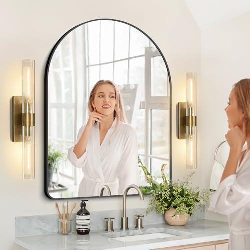Image of Brass Bathroom Vanity Wall Sconces, 2-Light Glass Tube Wall Sconces, 22.8 inch Horizontal or Vertical Linear Wall Sconces, Gold Vanity Light, Indoor Wall Sconces, E26 Bulb Included
