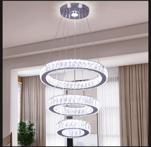 Finktonglan 3-Ring Crystal LED Chandelier, Cool White 6500K, 52W Integrated, Adjustable Height & Shapes, K9 Crystal & Stainless Steel Pendant Light for Dining Living Room Foyer, Non-Dimmable