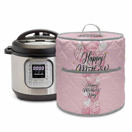 Happy Mother's Day Rice Cooker Cover, Romantic Love Heart Polka Dot Stripes Pink Waterproof Pot Cover with Pocket, Round Dust Covers for Kitchen Appliance, 11.8"x13"