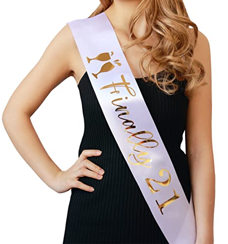 Docooniver 21st Birthday Sash for Girls and Women Finally 21 Sash White with Gold Foil Lettering