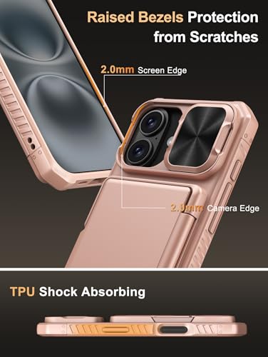 Image of Vihibii for iPhone 16 Case Wallet with Card Holder (4 Cards) [RFID Blocking] & Slide Camera Cover, Military Grade Drop Protection, Rugged Back & Silicone Edge Phone Cover, 6.1 inch 2024, Rose Gold