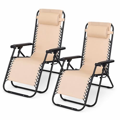 TIENDA EURASIA - Tumbonas de Jardín Plegables para Exterior | Pack 2 Unidades | Multiposiciones Gravedad Zero | Estructura de Acero y Textileno | 177X65X113 cm | Cojín Incluido (Beige)