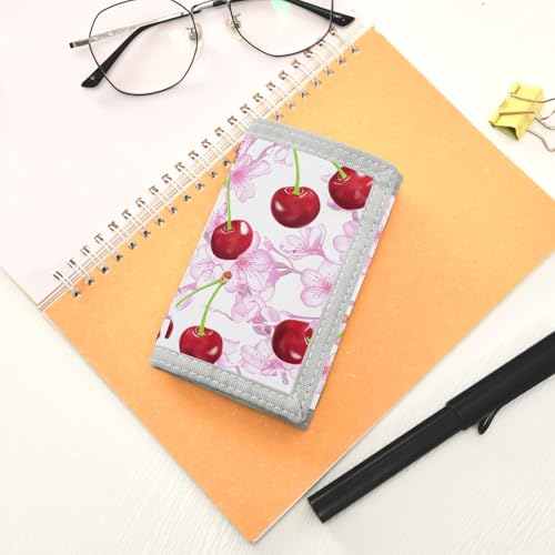Cherries Blossoms Sweet White Kids Wallet for Boys Girls Outdoor Sport Trifold Wallets for Children Youth Teen Wallet with Zippered Coin Pockets Card Holders Front Pocket Wallets with Magic Sticker 7