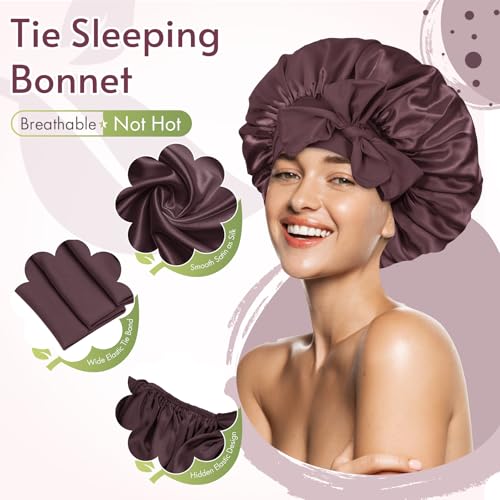 Image of BONNET QUEEN Silk Bonnet for Sleeping Satin Bonnet Women Hair Wrap Night Sleep Cap Scarf Wrap for Curly Hair with Tie Band Maroon