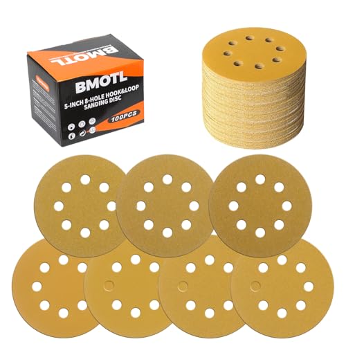 BMOTL 100Pcs 5-Inch Sanding Discs Hook & Loop 8-Hole:60-600 Assorted Grit Round Sandpaper for Random Orbital Sander Replacement Pad,Woodworking/Automotive/Metal