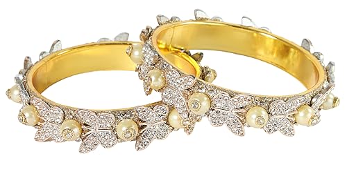 Image of LAVAZZA Stylish Butterfly Design Golden Metal with Zircon Diamond & Pearls Moti Bangles Kada For Women & Girls | Traditional Girl's Bangles Bracelet | Women's Kangan Wedding, Party-Set of 2