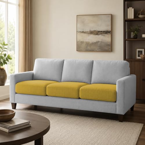 Image of Casaliving Gladino Modern Velvet Fabric Sofa, Tufted Design Upholstered 3 Seater Sofa Set for Living Room, Premium Velvet Fabric Sofa (Yellow Grey)