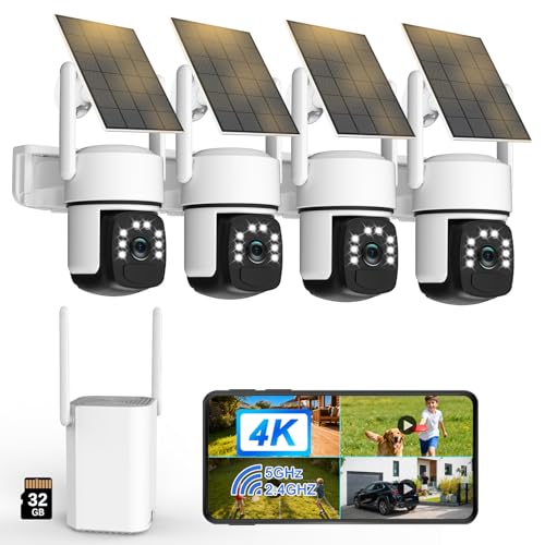 4K Camera Surveillance WiFi Exterieure sans Fil,4 Cam-Kit avec Home Station/Camera Solaire,360° PTZ Sécurité à Domicile,Vision Vocturne,Alarme,Audio...
