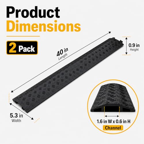 Image of 2 Pack Black Drop Over Cable Cover Ramp 40 x 5.3 x 0.9 Inch, Heavy Duty Cable Hose Protector Ramp with 1 Channel, High Load Capacity for Indoor Use, Office, Warehouse & Event Areas