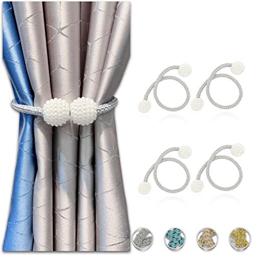 4 Pack Curtain Tiebacks Magnetic Curtain Holdbacks Pearl Decorative Rope Curtain Clips 16 inch Window Curtain Tie Convenient Curtain Buckle for Sheer Curtains & Blackout Curtains, No Need Drilling